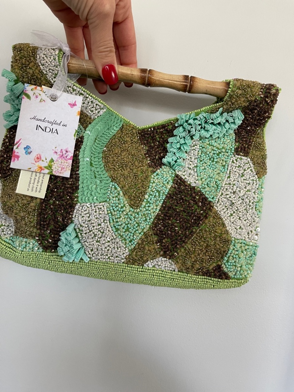 NEW Handcrafted Beaded Green Mosaic Tote - India